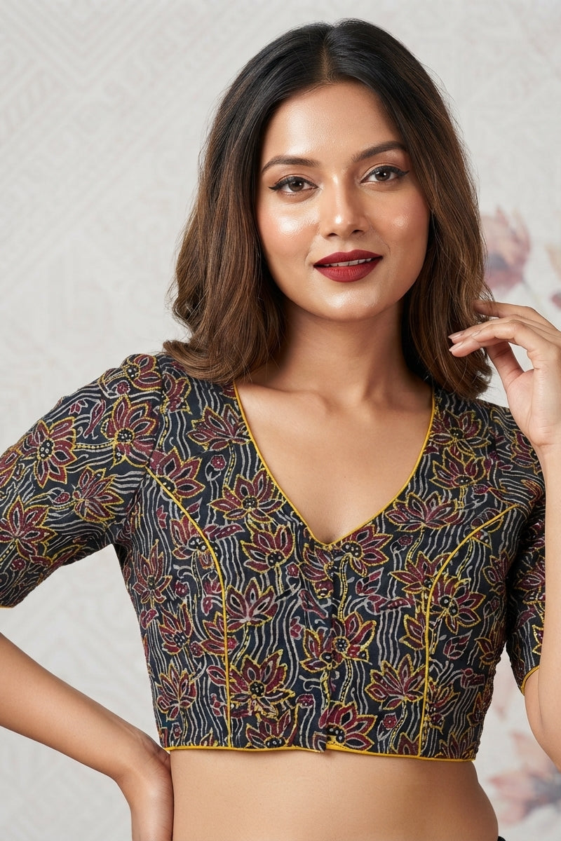 Divine Desire Ajrakh Printed Kantha Embroidered Cotton Blouse