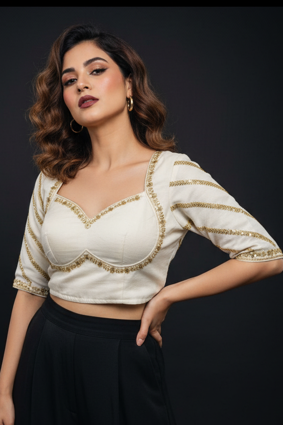 Partywear White Vichitra Silk Blouse