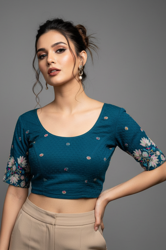 Color Cascade Floral Stretchable Knitted Blouse