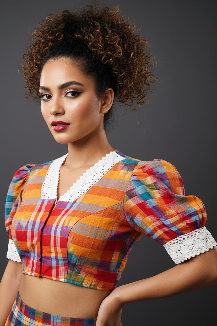 Puff Sleeves Gamcha  Blouse
