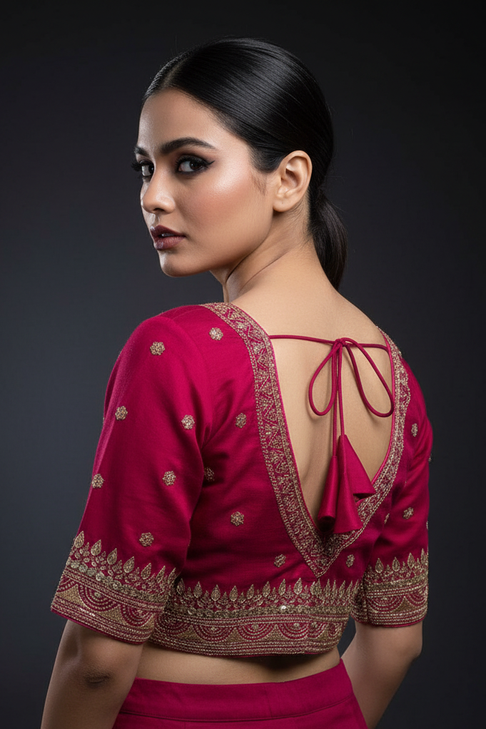 Sweet Embrace Pink color Designer Blouse(V-Neck)