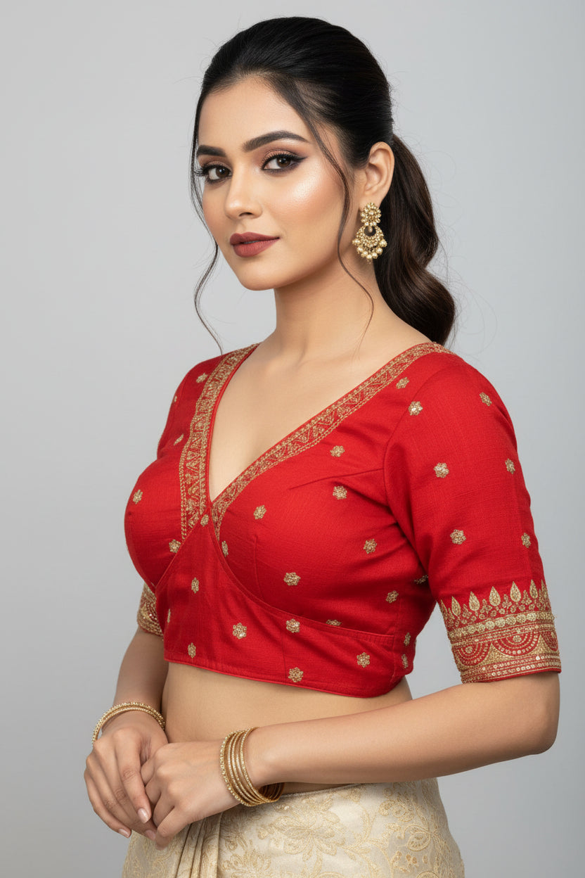 Sweet Embrace Red color Designer Blouse(V-Neck)