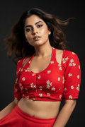 Red Shiuli Masaba Style Vichitra Silk Blouse