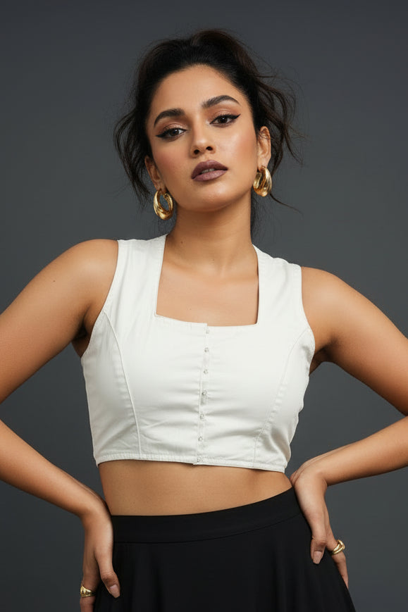 Solid White Halter Cotton Blouse