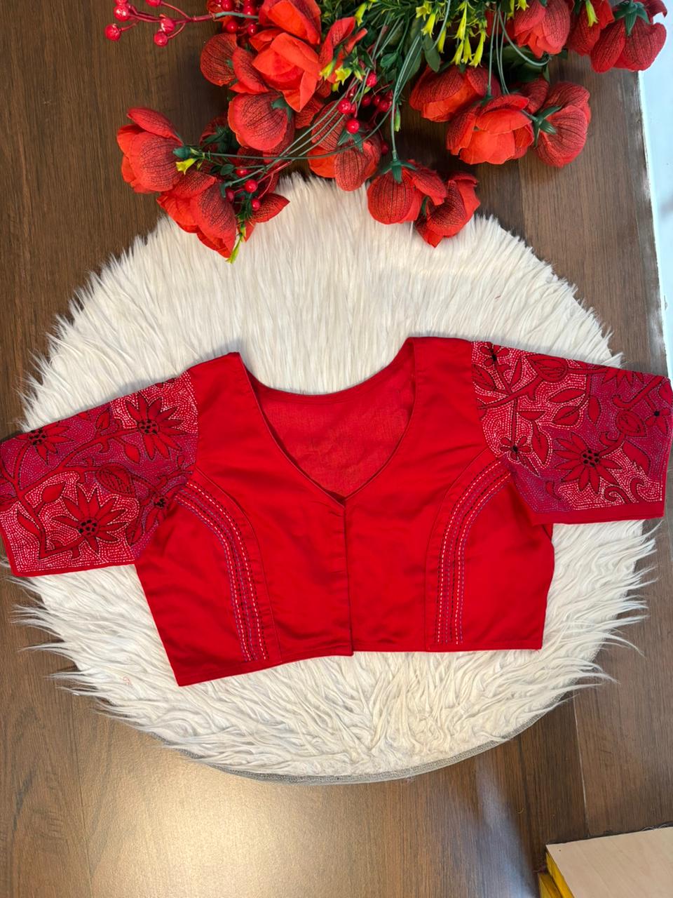 Red Reverse Kantha Handwork Blouse