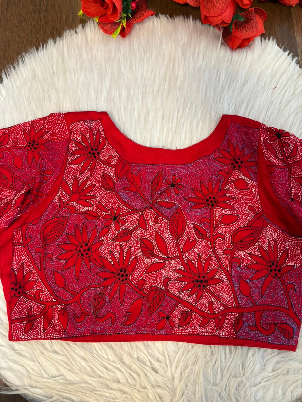 Red Reverse Kantha Handwork Blouse